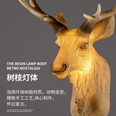鹿角壁燈背景墻裝飾招財鹿頭樹脂燈店裝過道玄關動物頭復古壁掛燈
