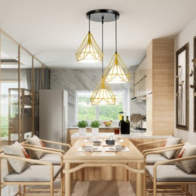 北歐創意吊燈鐵藝工業風鉆石餐廳燈具金色簡約LED三角形餐吊燈飾