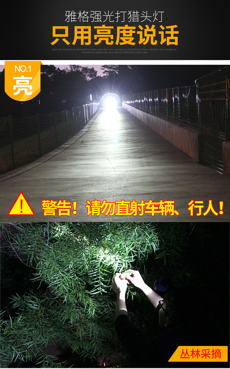 雅格LED防水頭燈強光礦燈充電遠射戶外夜釣鋰電照明頭戴式手電筒示例圖3