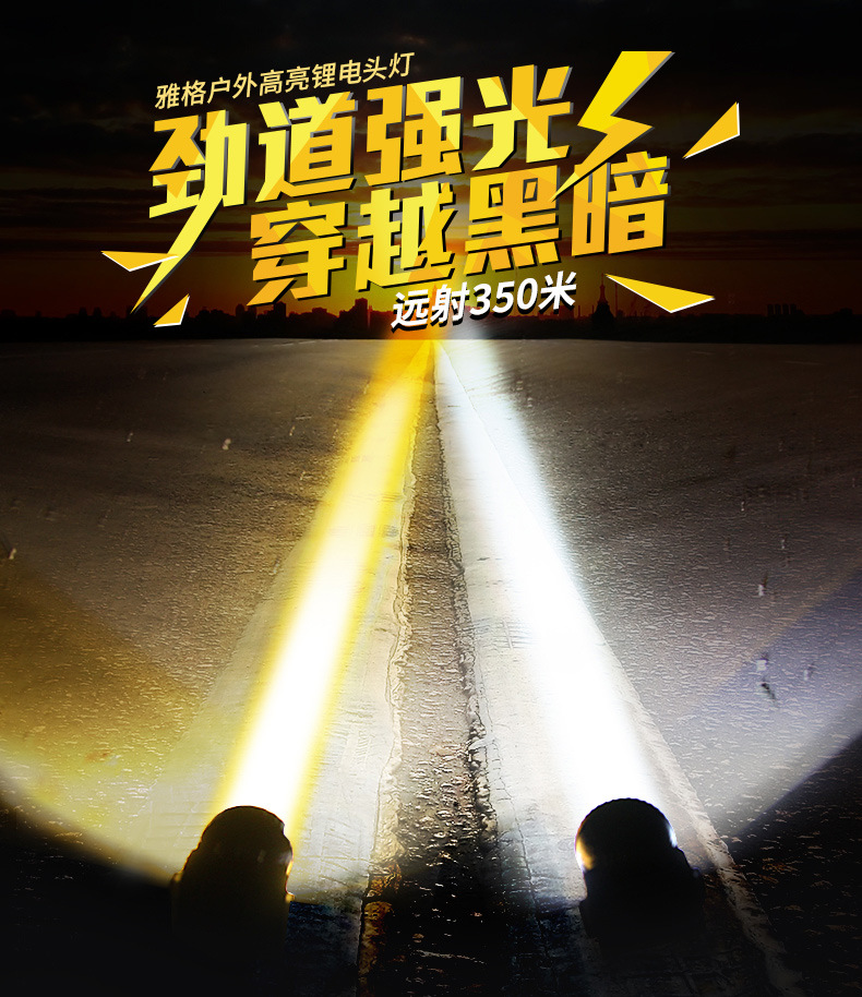 雅格LED防水頭燈強光礦燈充電遠射戶外夜釣鋰電照明頭戴式手電筒示例圖1