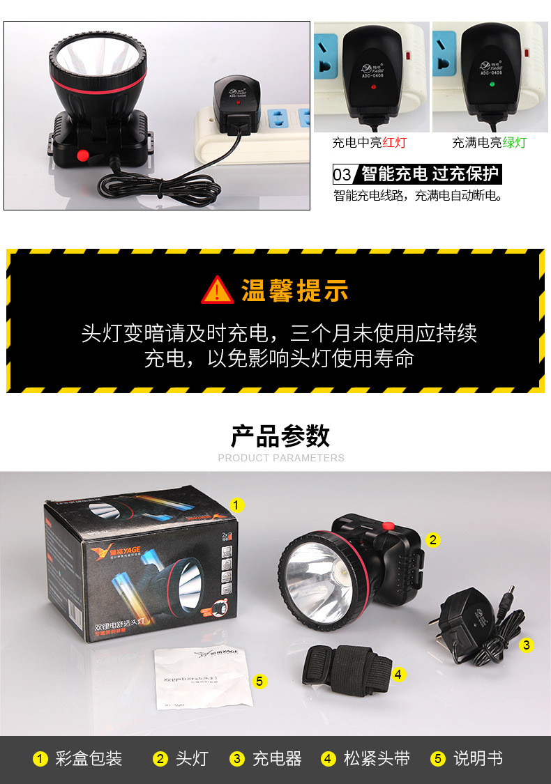 雅格LED防水頭燈強光礦燈充電遠射戶外夜釣鋰電照明頭戴式手電筒示例圖11