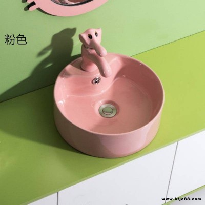 幼兒園兒童彩色立柱式洗臉盆一體落地式洗手盆陶瓷卡通洗手水龍頭