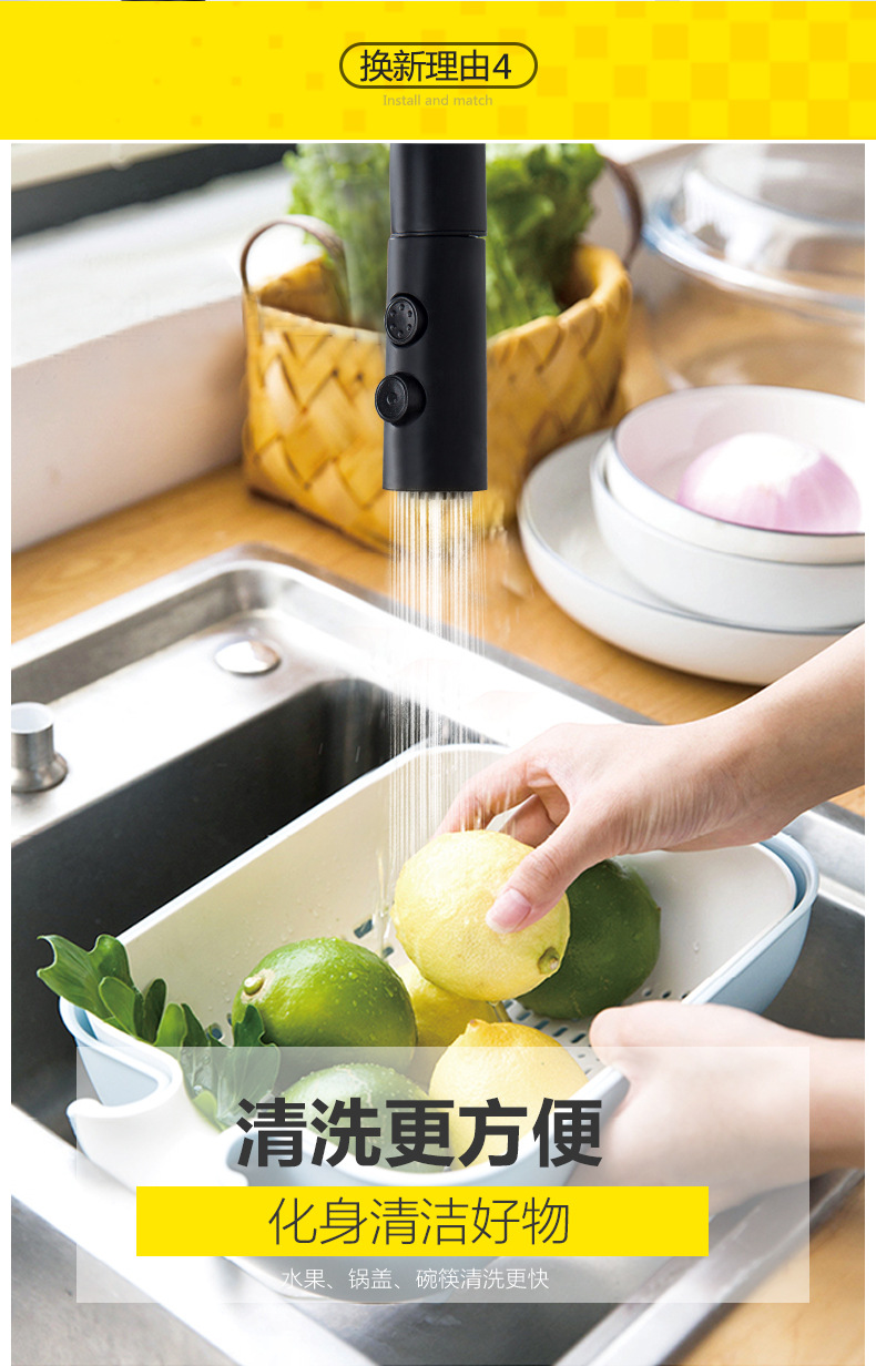 廠家直銷黑色廚房水龍頭冷熱抽拉式可旋轉全銅家用 洗菜盆水龍頭示例圖7