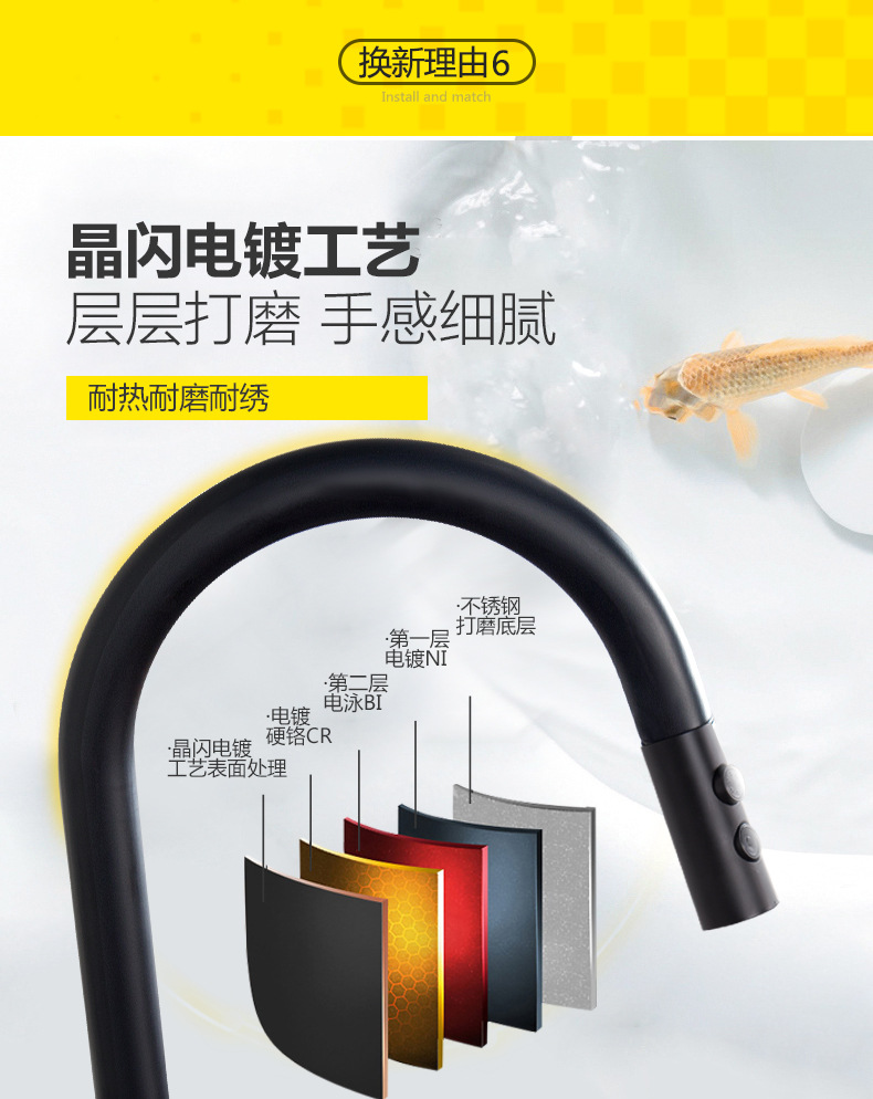 廠家直銷黑色廚房水龍頭冷熱抽拉式可旋轉全銅家用 洗菜盆水龍頭示例圖9