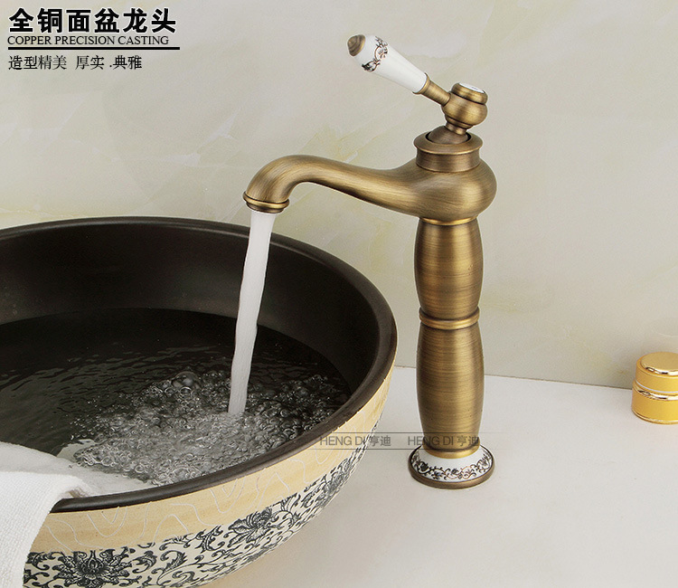 全銅歐式仿古水龍頭青花瓷加高單孔面盆龍頭藝術(shù)盆臺(tái)上盆冷熱龍頭示例圖3