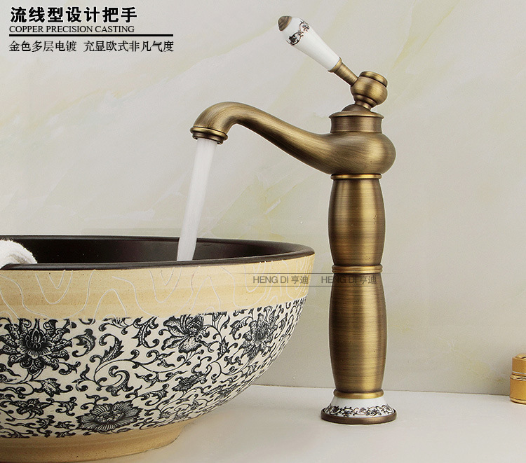 全銅歐式仿古水龍頭青花瓷加高單孔面盆龍頭藝術(shù)盆臺(tái)上盆冷熱龍頭示例圖2