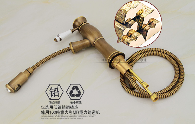 廠家批發仿古可抽拉式面盆全銅 洗臉盆洗頭冷熱水龍頭 臺下盆龍頭示例圖14