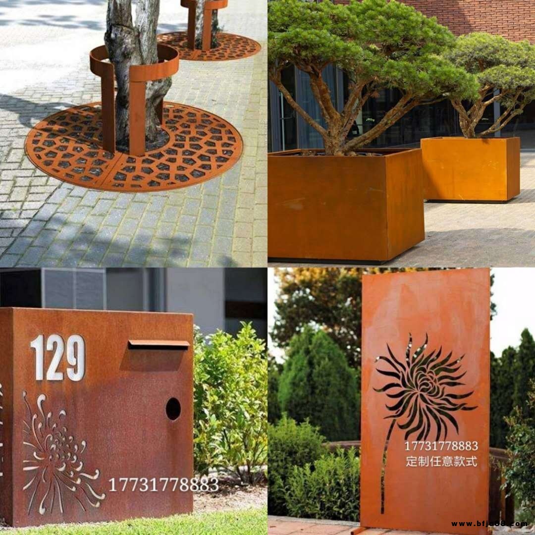 耐候鋼板 博涵095定做戶外景觀耐候鋼板鏤空雕塑 銹蝕鋼板標識牌雕刻 園林樹池蓋板 做舊生銹鋼板花箱燈箱標牌