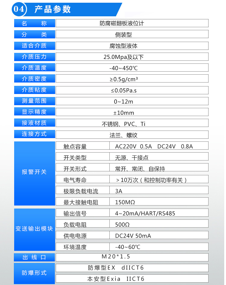 翻柱式磁浮子液位計產品參數表